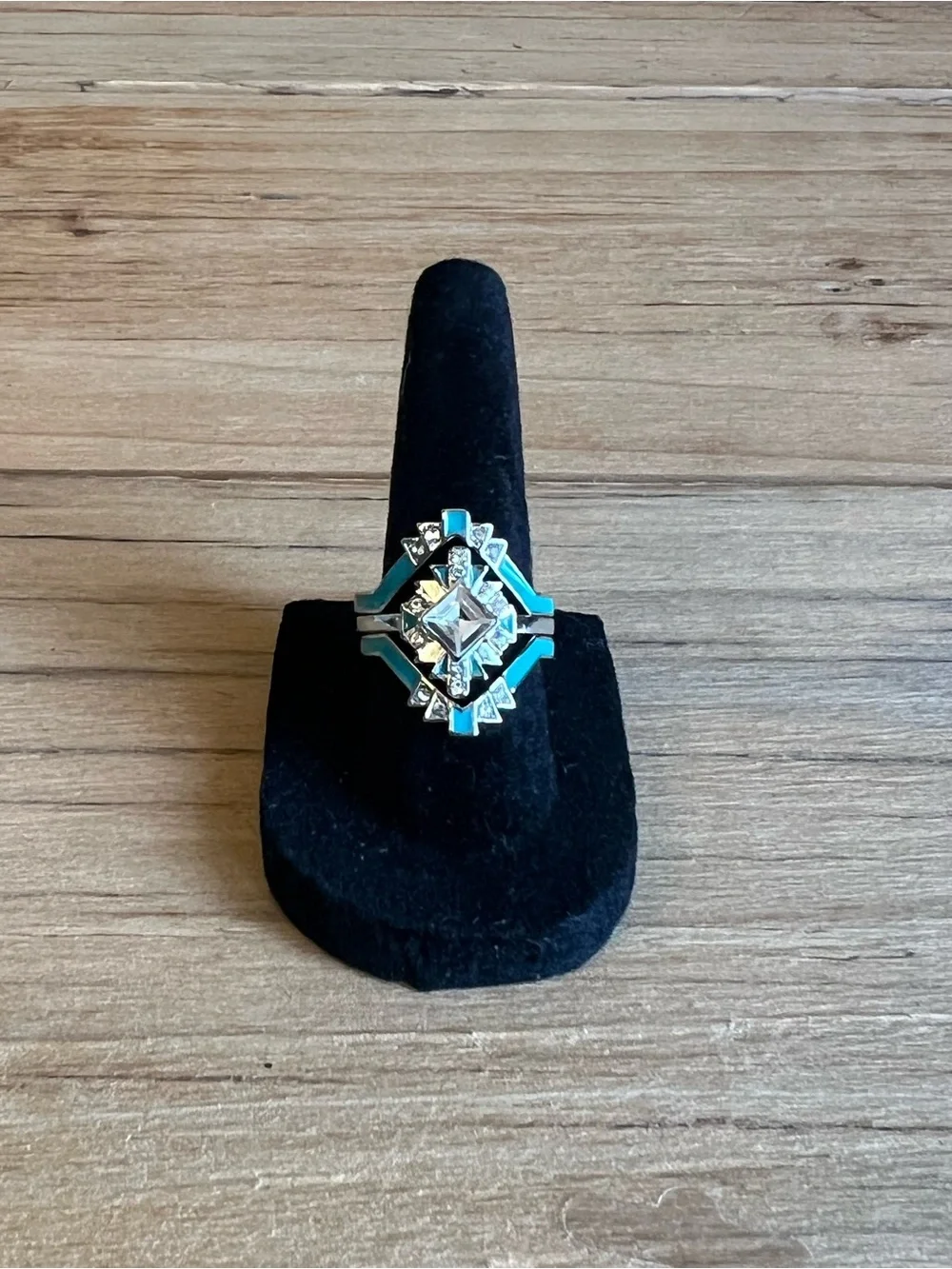 Turquoise Silver Tone Triple Band  Art Deco Fashion Ring-Size 6.5
